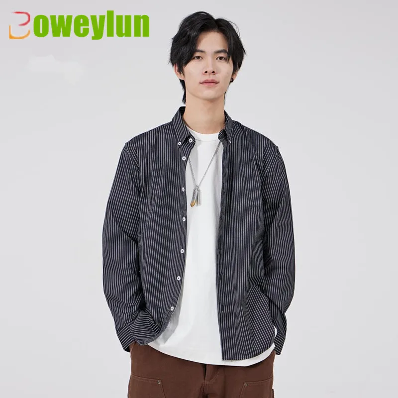 

Boweylun Spring And Autumn Casual Striped Fitted Shirt Men's Cotton Comfortable Skin-friendly Youth Lapel Long-sleeved Shirt