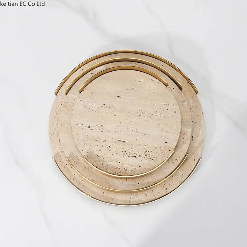 European modern light luxury natural marble round metal frame tray living room desktop storage Bathroom sink storage tray 4
