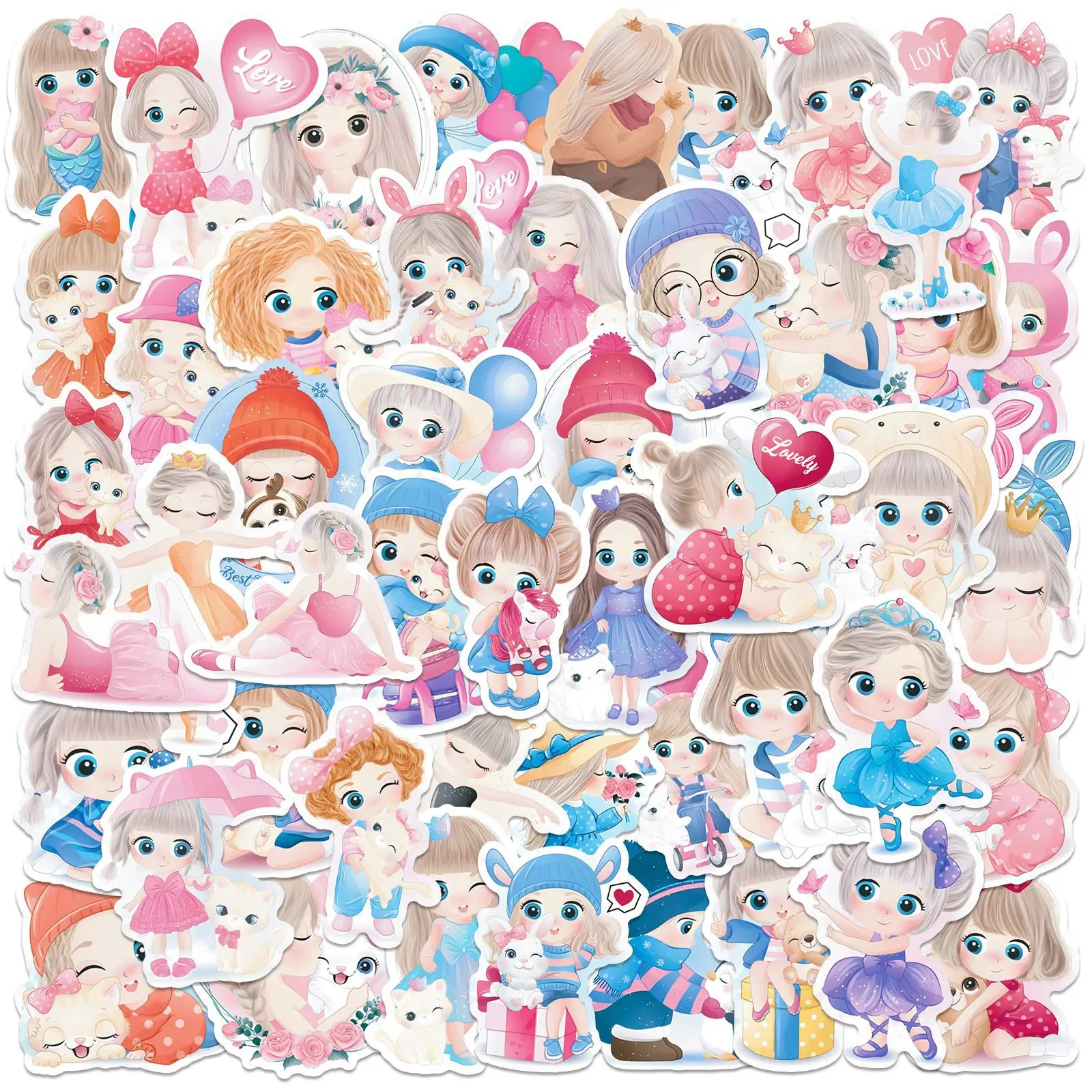 

50pcs Cute Little Girl Series Graffiti Stickers Suitable for Helmet Desktop Wall Decoration DIY Sticker Pack with Storage Box