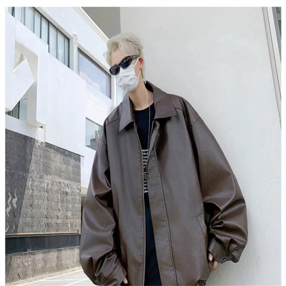 American vintage black leather coat men's senior sense of spring and autumn ruffiai shoulder padded jacket motorcycle suit
