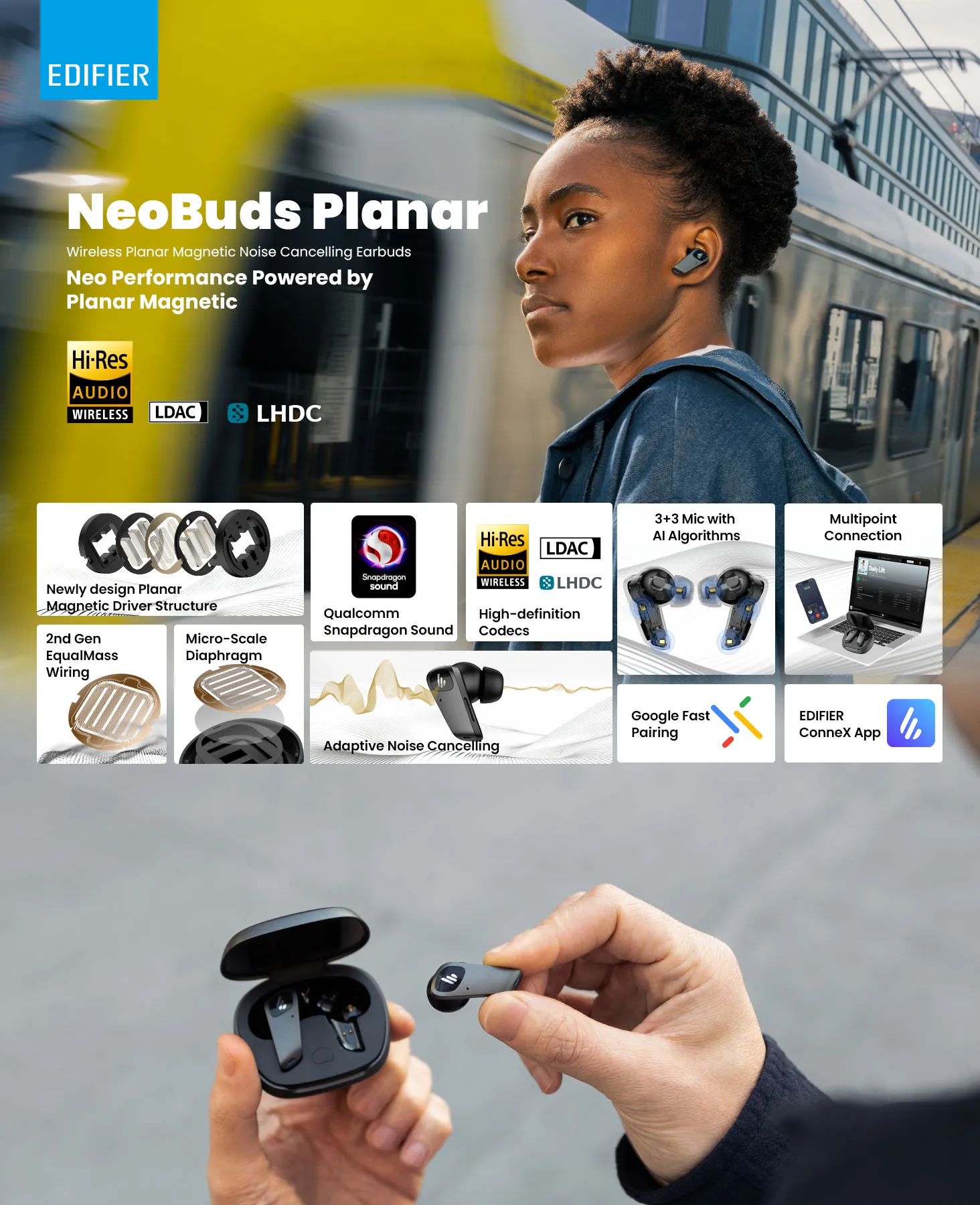 EDIFIER NeoBuds Planar 12mm Planar-Magnetische TWS-Ohrhörer Qualcomm Hybrid ANC Hi-Res Kabellose Bluetooth 5.4 30-Stunden-Abspielzeit – Detail 1