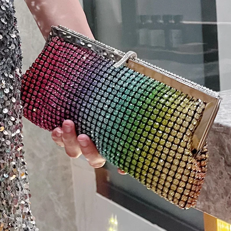 

Luxury Full Diamond Women Clutch Bag Fashion Rainbow Soft Dinner Evening Bag Women Shining Diamond Crossbody Shoulder Bag