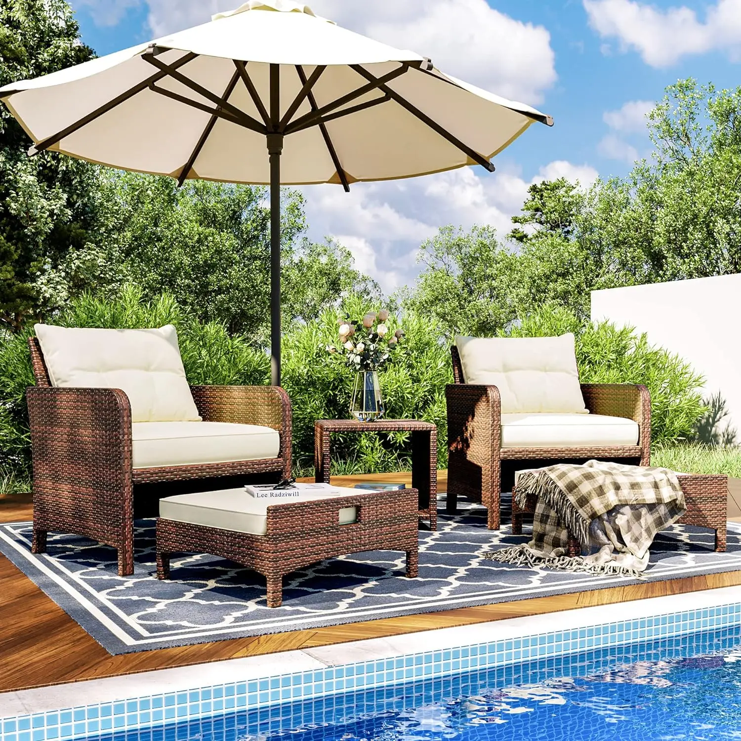 

Pamapic 5 Pieces Outdoor Patio Wicker Chairs Set with Ottoman, Outside Conversation Furniture Set with Cushions and Coffee