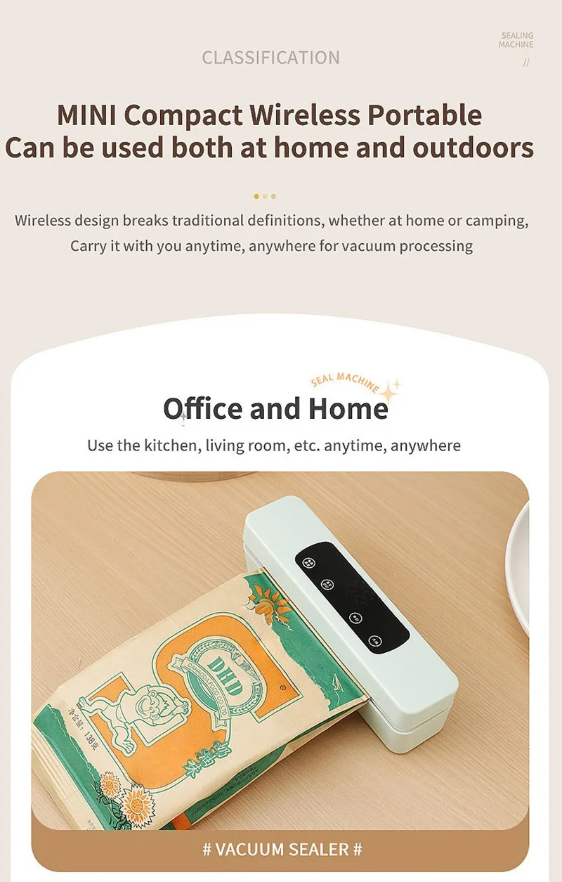 Description Picture 6 of itemWireless Vacuum Sealer Household Vacuum 1200 mAh Large Suction Food Bag Rechargeable Fresh-keeping Laminator Kitchen Packaging