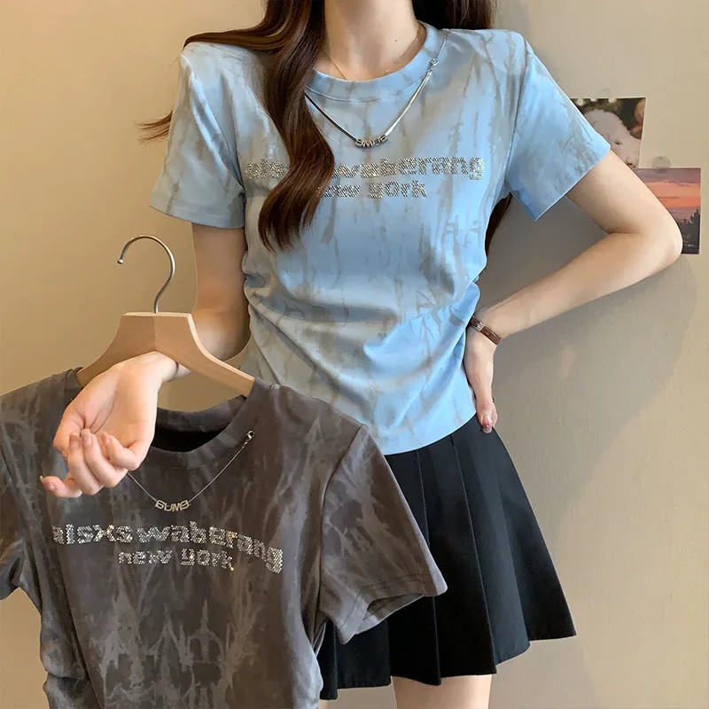 

Футболка женская с круглым вырезом, свободная простая Студенческая рубашка с бриллиантами, Повседневная Уличная одежда в Корейском стиле, лето