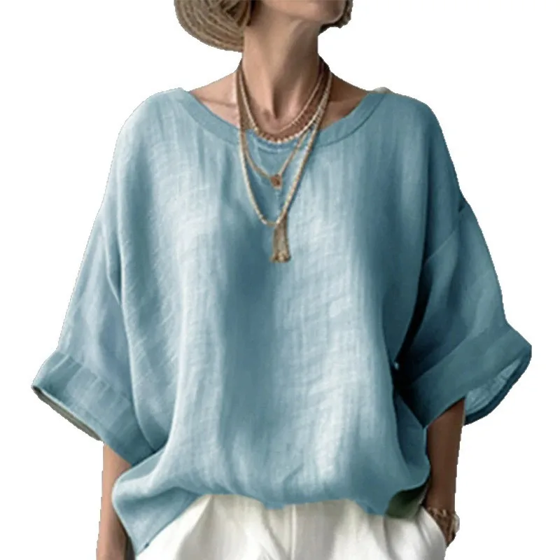 Women Solid Color Loose Fit Half Sleeve Blouse Top