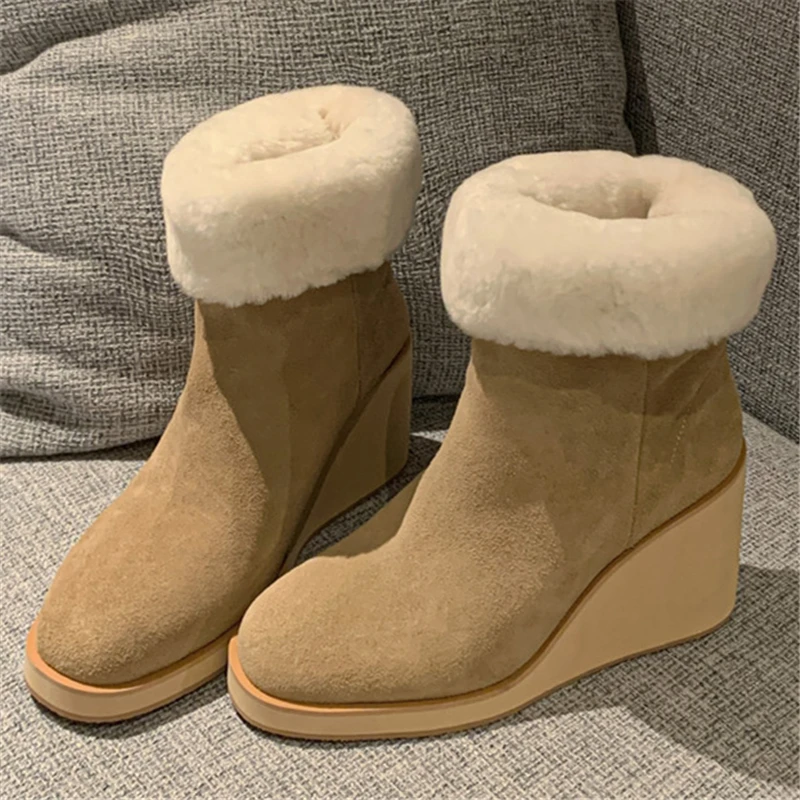 

Cow Suede Wool Round Toe Women Snow Boots Wedges Thick Sole Solid Slip On High Heels Winter Fashion Concise Warm Female Shoes