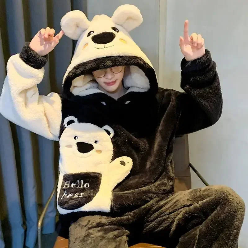 Autumn Winter Youth Sleep Clothes Suit Coral Plush Nightwear Large Size Pajamas Men Flannel Thicken Younger Male Homewear Set