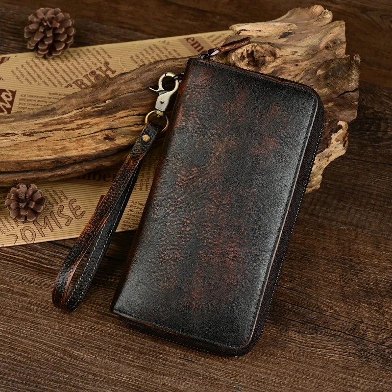Vintage Long Men's Genuine Leather Wallet with Distressed Finish and Zipper