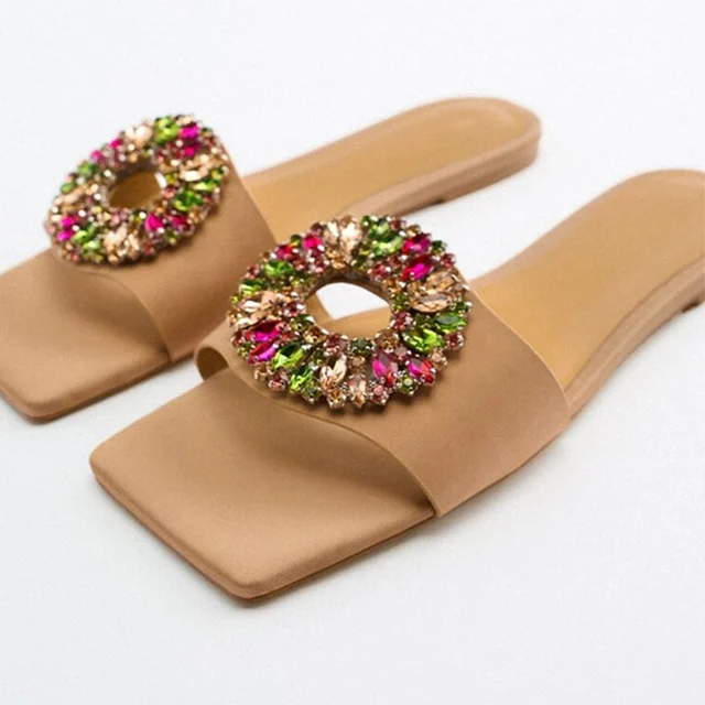 Sandals Fashion Women Flat Slippers Rhinestone Square Toe Female Slides  Elegant Ladies Summer Shoes Solid Woman's Beach 2022 New - Women's Slippers  - AliExpress