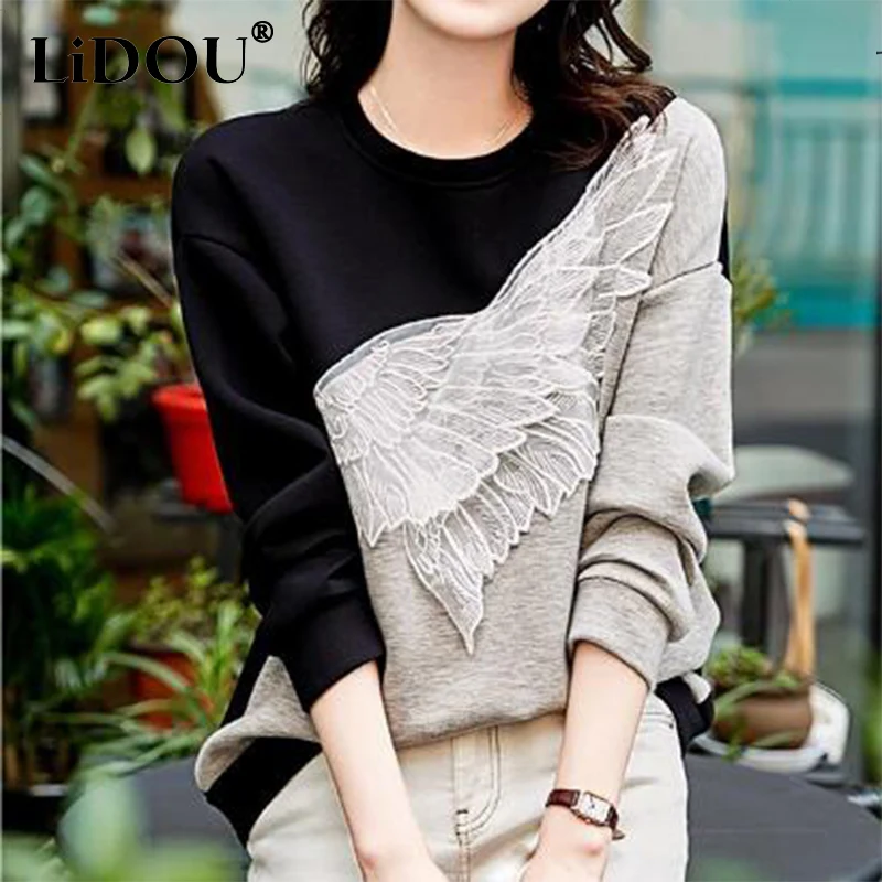 Spring Autumn O Neck Feather Embroidery Patchwork Loose Casual Jumper Top Women Long Sleeve Simple All-match Pullover Sweatshirt luckymarche le match porket anorak jumper qwuax23311nyx