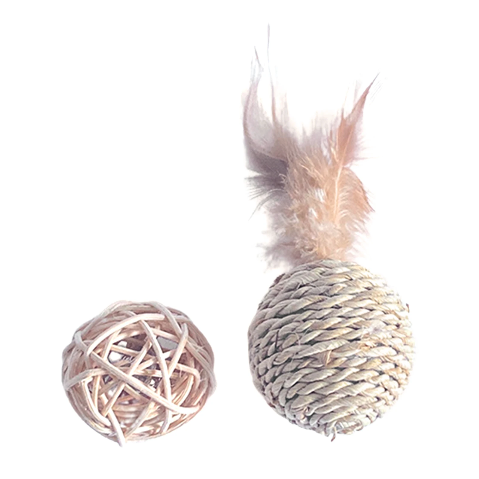 Funny Rattan Cat Ball Toy With Feather Wood Color Cat Toy Interactive