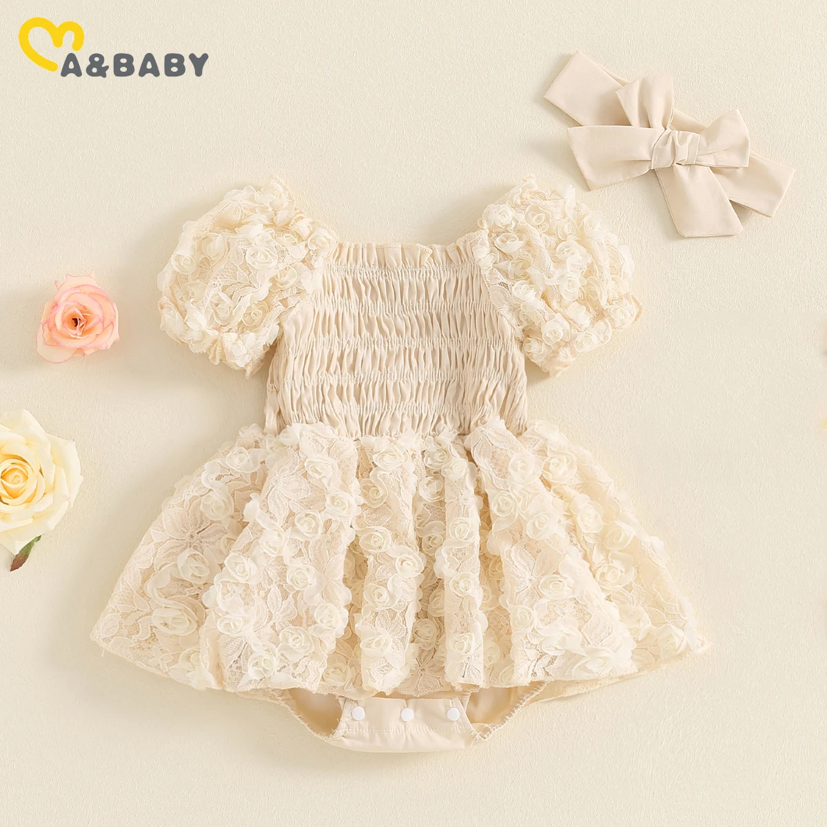 

ma&baby 0-18M Baby Girl Romper Newborn Infant Toddler Jumpsuit Flower Lace Tulle Sunsuit Headband Birthday Outfit Summer Clothes