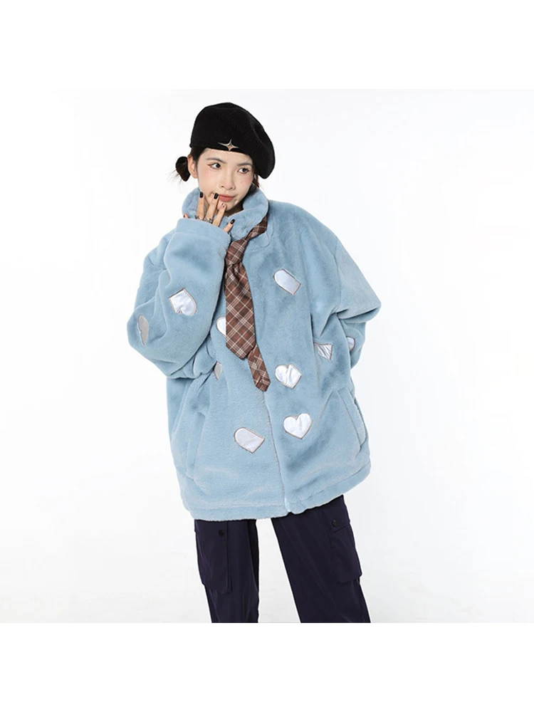 

Korean Fashionable Haze Blue Plush Love Embroidery Jacket Women Autumn and Winter All Match Fleece Thickened Warm Jacket