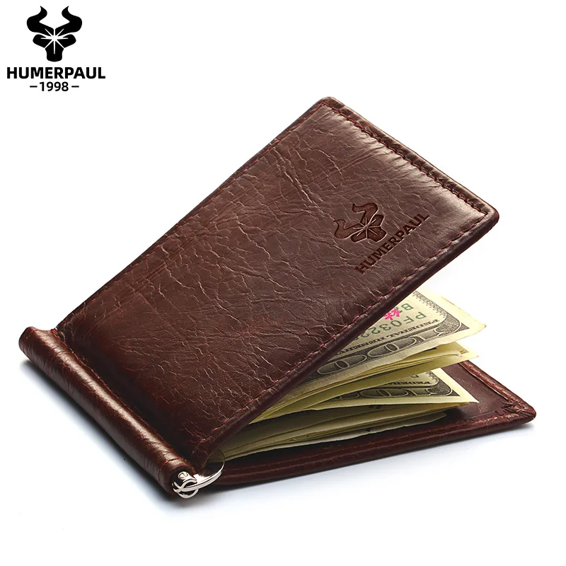 Ultra-thin Men's Money Clip Wallet Vintage Genuine Leather Bifold Card Holder Purse Mini High Quality Male Money Purse Cartera