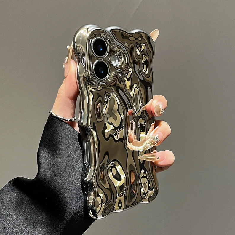 Glossy Wrinkle Plating Wave Border Case for iPhone 16 15 17 Pro Max Air Plus 11 12 13 14 Meteorite Pattern Soft Silicone Cover