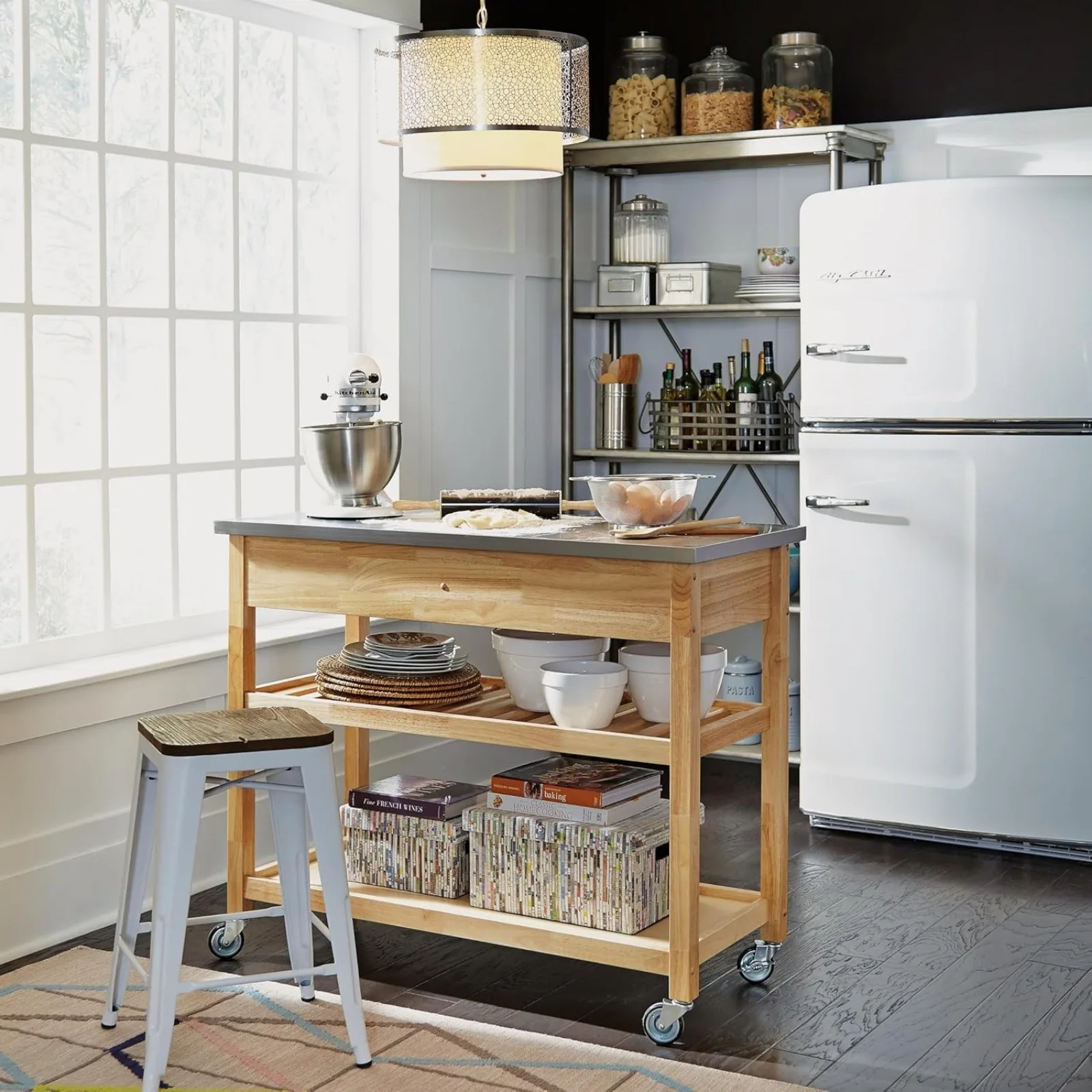 US Home Styles Natural Designer Utility Kitchen Cart with Stainless Steel Top, Two Utility Drawers, Adjustable Shelf and