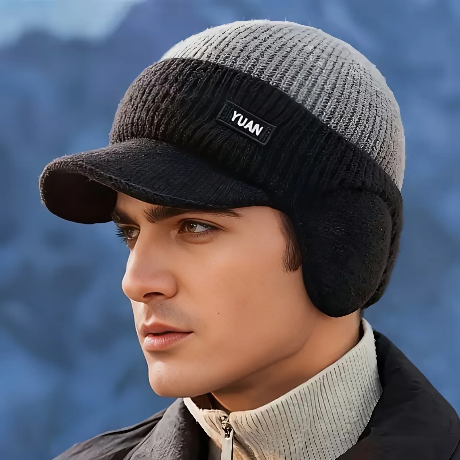 Zweifarbige gestrickte Baseballkappe – Outdoor-Aktivitäten | Modische Papa-Mütze mit Gehörschutz | Perfekt für Paare. Hüte für Männer – Detail 7