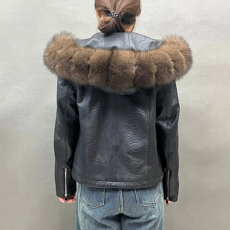 Fur Hood Black Leather Jacket With Fur Sleeves Woman's Black