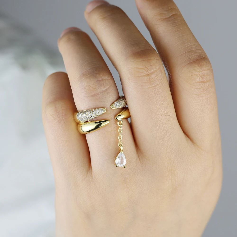 New Open Adjust Drop CZ Tassel Ring For Women Girl Gold Color