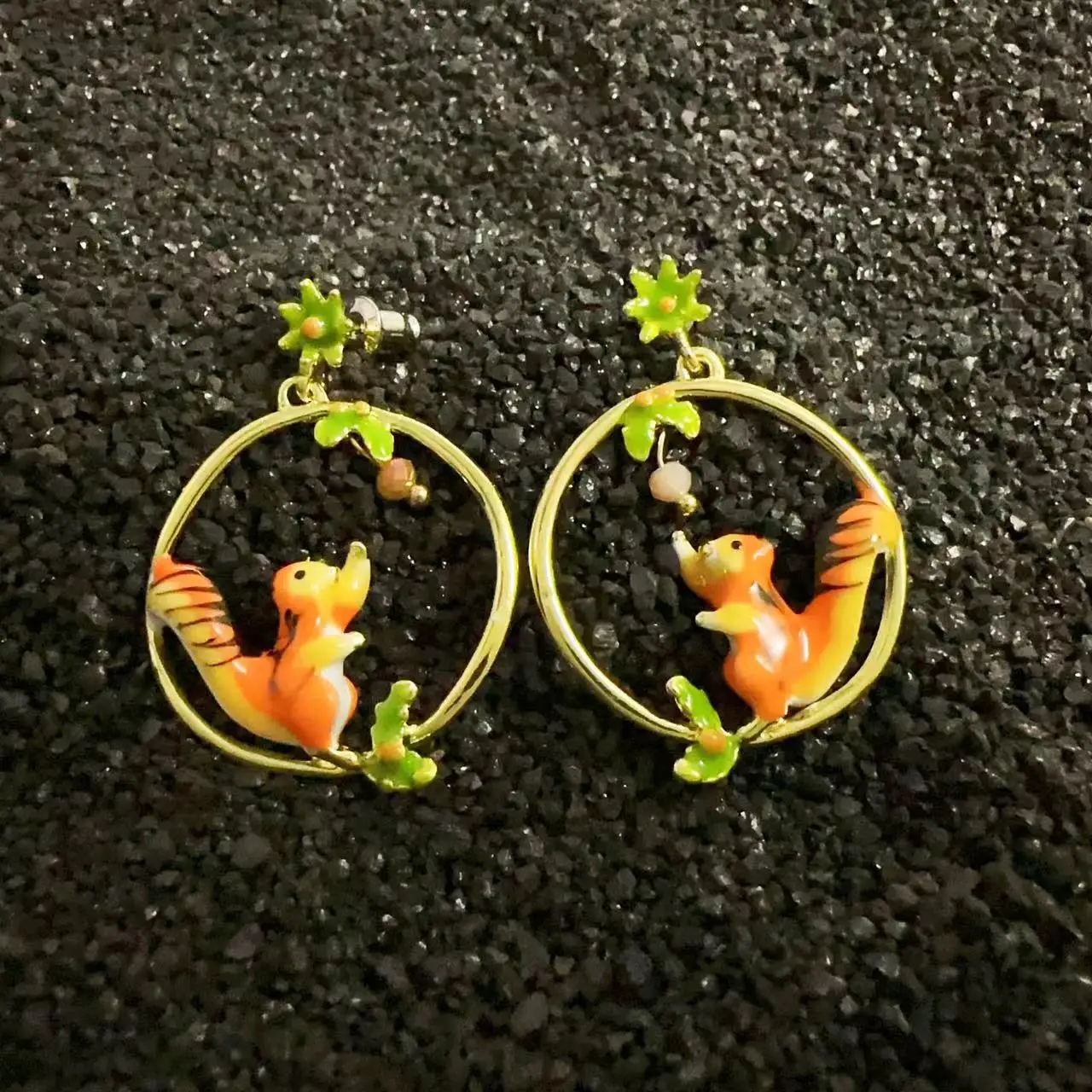 Lovely Squirrel Animal Drop Earrings for Women Enamel Glaze Copper Jewelry Leaf  Fruit Ear Studs серьги висячие серьги женские