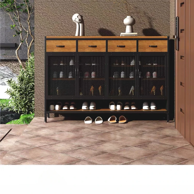 Industrial style iron art solid wood shoe cabinet for household entrance, entrance foyer, shoe cabinet against wall, storage