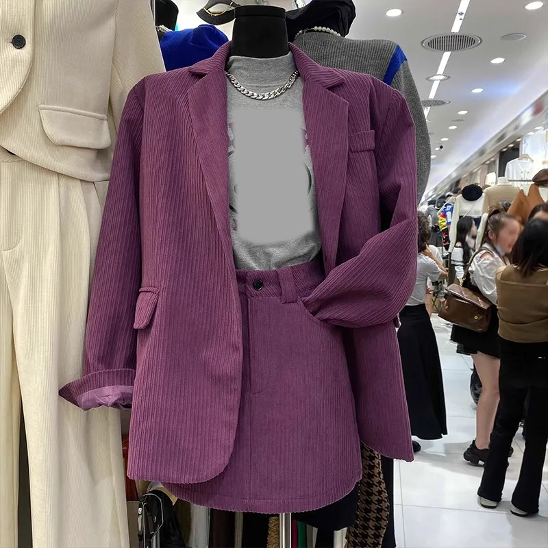 

Women Fashion Two-Piece Set Vintage Long Sleeve Corduroy Jacket High Waist A-Line Skirt Commuting Suit Autumn Winter New