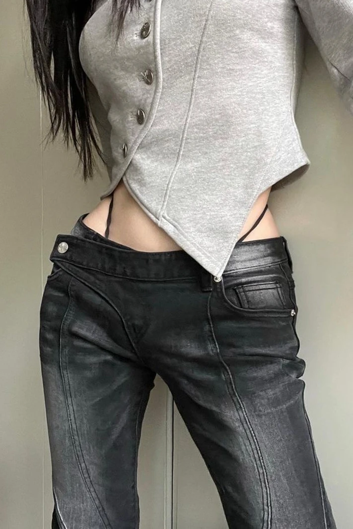 Retro Hot Girl Low Waist Black and Gray Straight Tube Baggy Jeans Casual Washed Vintage Denim Capris Trousers Female