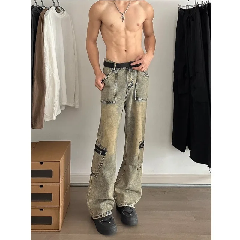 Blue Jeans men American Y2K Vintage High Waisted Jean Straight Streetwear Casual Loose Wide Leg Denim Pants Ripped Trouser