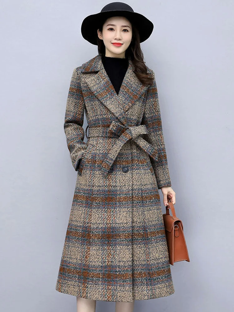 

High Quality Autumn Classic England Style Double Breasted Plaid Tweed Trench Coat For Women Notched Collar Pocket Long Windbreak