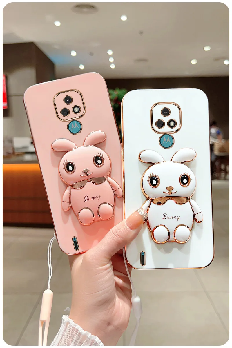 3D Rabbit Astronaut CaseFor Motorola Moto G53 E7 G8 Power G9 Play G50 G20 G30 G60 G82 E20 Edge 20 Folded Bracket Plating_voghion.com