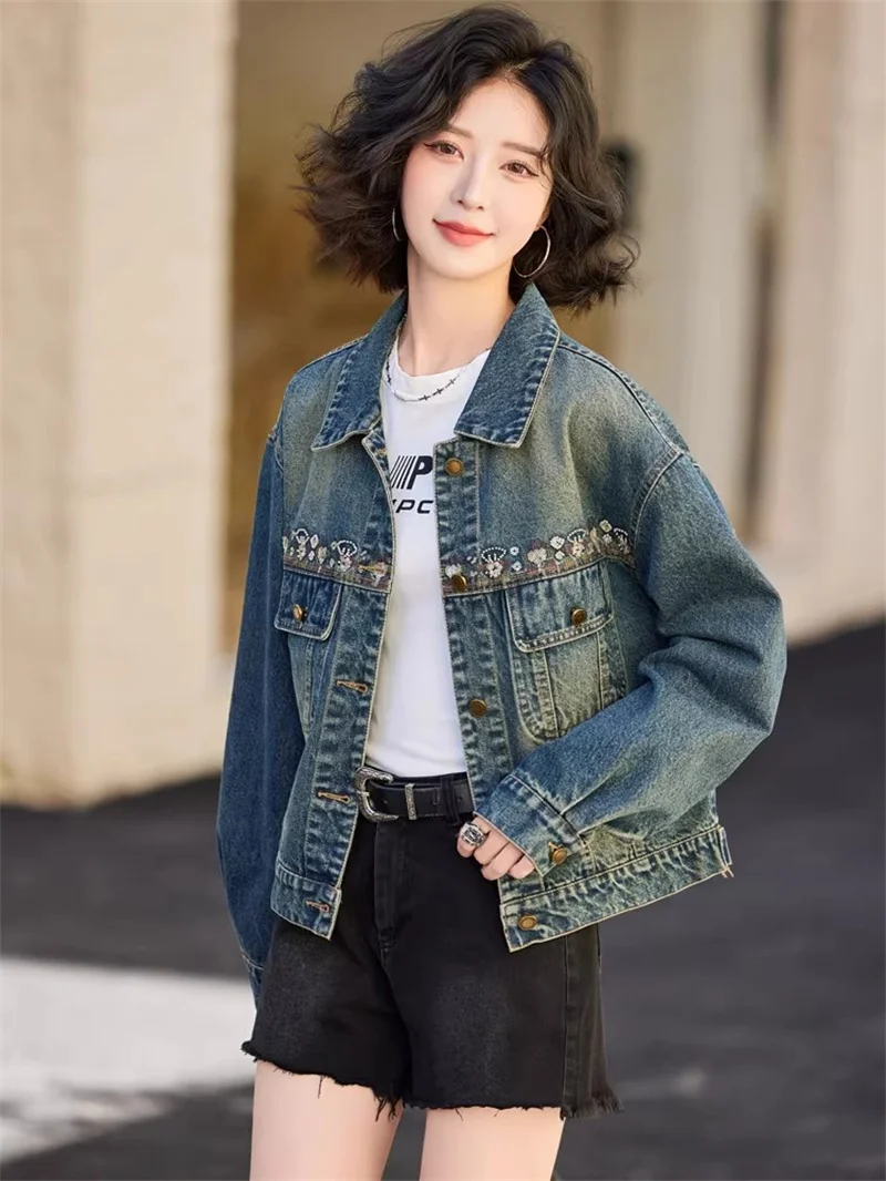 2025 Spring Sequin Embroidery Short Coat Female BF Loose Denim Jacket Tops Femme Jeans Jacket Female Blouses Outwear Autumn
