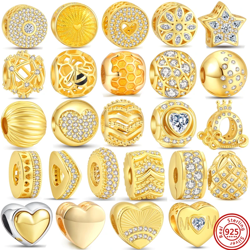 

925 Sterling Silver Zirconia Sparkling Beads Gold Love Lock Charms Fit Original Pandora Bracelet Earring DIY Women Fine Jewelry