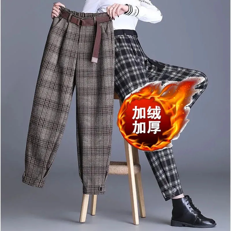 

Fall Winter Woolen Plaid Harem Pants Women Thick Loose Wool Trousers Korean High Waist Radish Pantalons Female Ankle-Length Pant