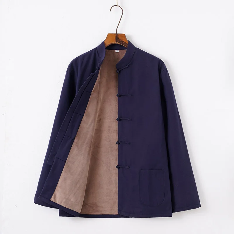 Men's Casual Jacket Autumn Winter Plus Velvet Kung Fu Coat Traditional Chinese Tang Suit Coat Tai Chi Uniform Cotton Tops