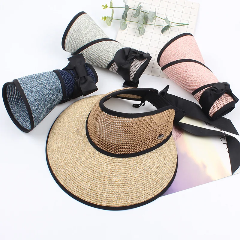 

Summer women wide brim visor hats Hollow out design foldable ribbob bowknot sun hats Sunscreen cap Sombrero beach hat