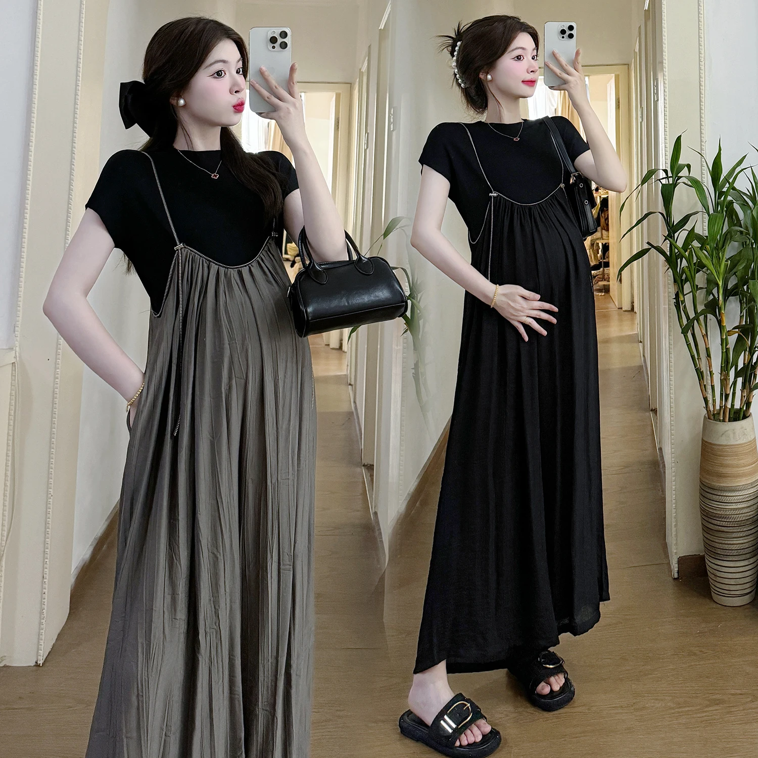 summer maternity clothes set short sleeve top+wide legs pleated strap trousers twinset long loose pregnant woman jumpsuits set