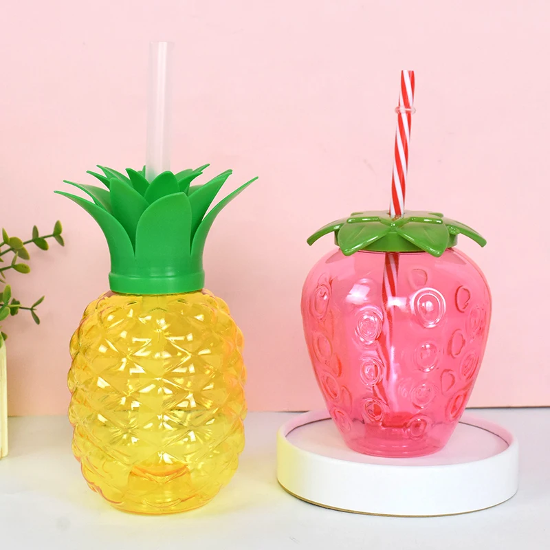 8pcs Strawberry Pineapple Drinking Cup with Straw Hawaiian Tropical Birthday Party Decoration Summer Beach Pool Party Supplies