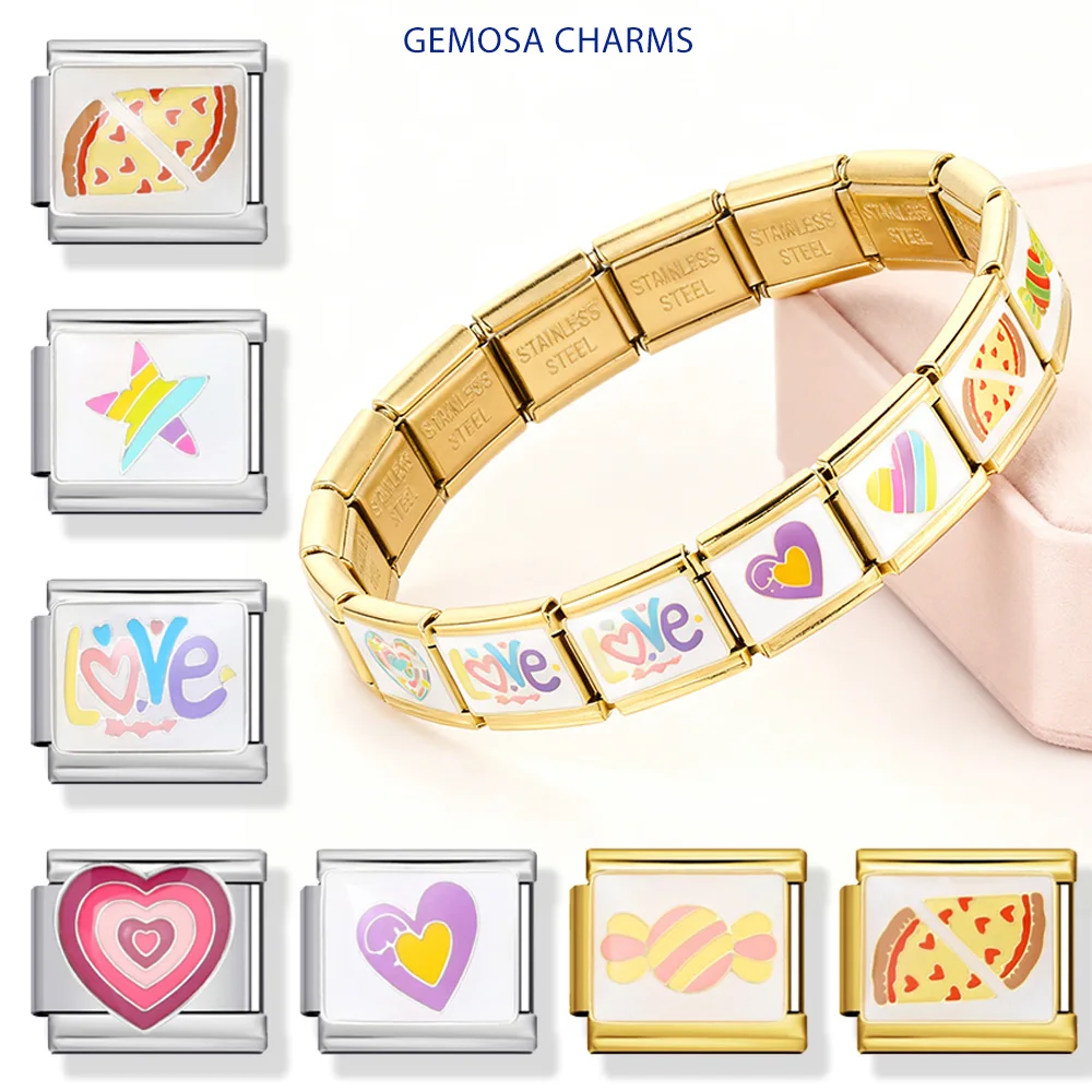 GEMOSA Y2k süße Frauen bunte Süßigkeiten Herz Pizza italienischen Charm Link Fit 9mm Edelstahl Armband machen DIY Schmuck Perlen – Detail 1