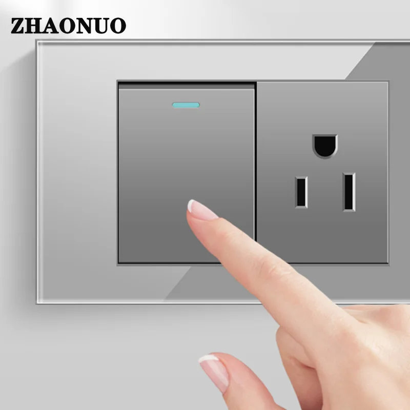 

Gray Glass Panel Wall Light Push Button Switch American Socket 110V Home US Standard Outlet with USB Panel