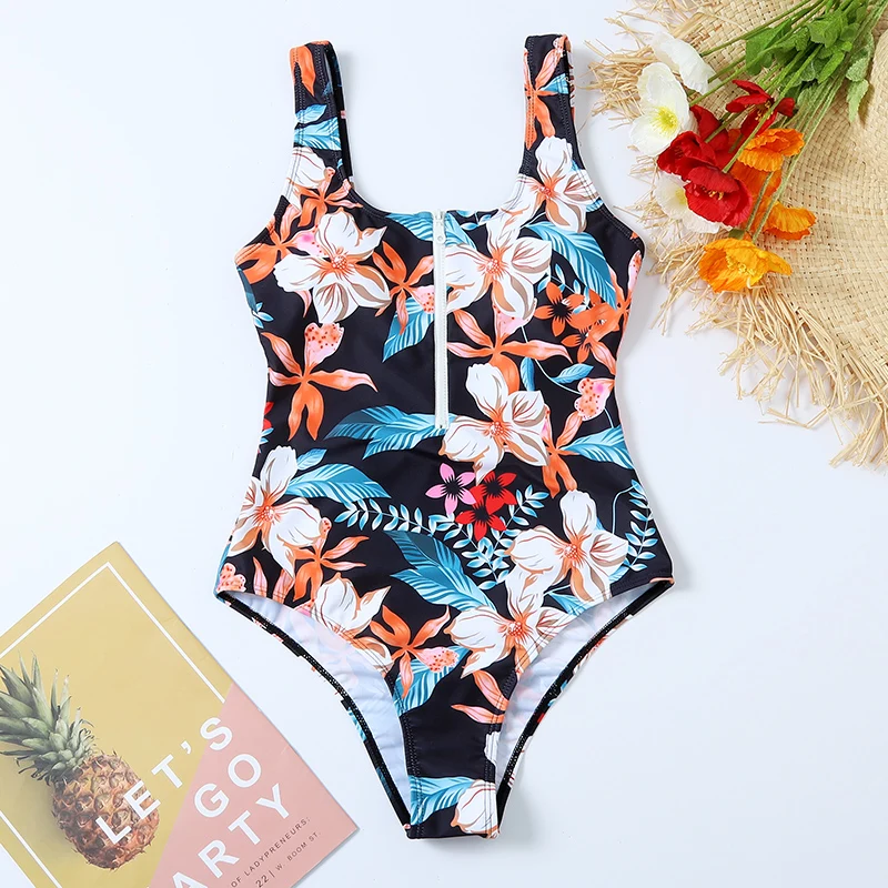 2025 Printed Zipper Swimsuit One Piece Sexy Swimwear Women Floral Bathers Bathing Swimming Swim Suit Female Beachwear 1
