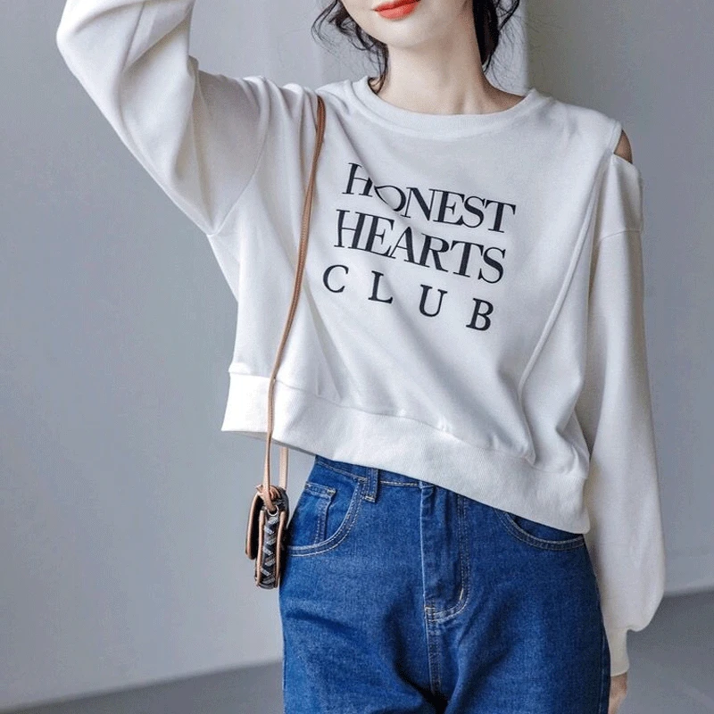 Spring Autumn Y2K Letter Print Sweater Women Long Sleeve Off Shoulder Loose Fashion Lady Tops Korean Young Style Female Pullover
