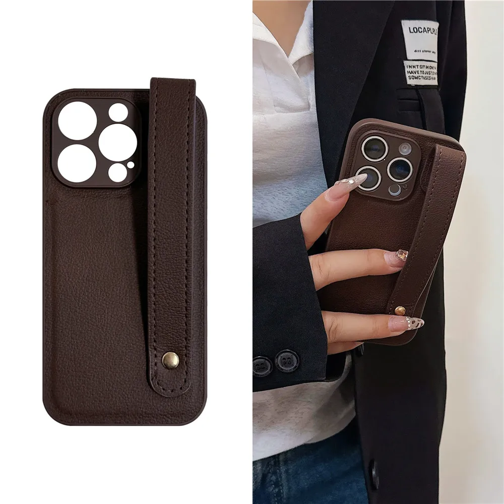 Leather Wrist Strap Bracket Holder Case with Hand Band Stand and Silicone Candy Cover