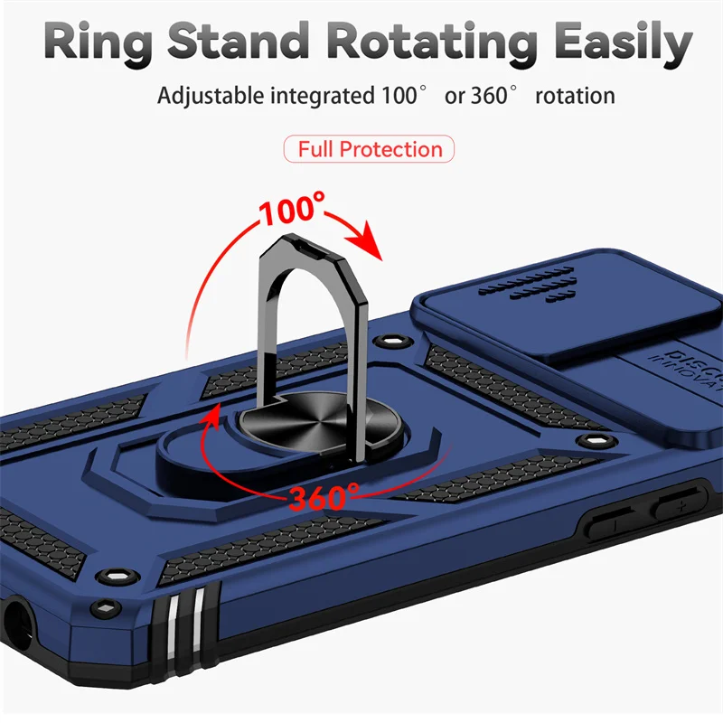 Shockproof Armor Case with Slide Camera Lens Protector and Magnetic Holder Ring Back Cover