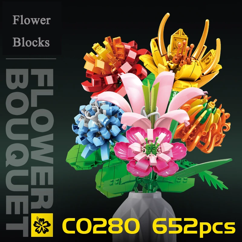 Flower Building Blocks Creative Bouquet Plant Potted 3D Model Assembled  Mini Brick DIY Home Decoration Children's Toy Girl Gift