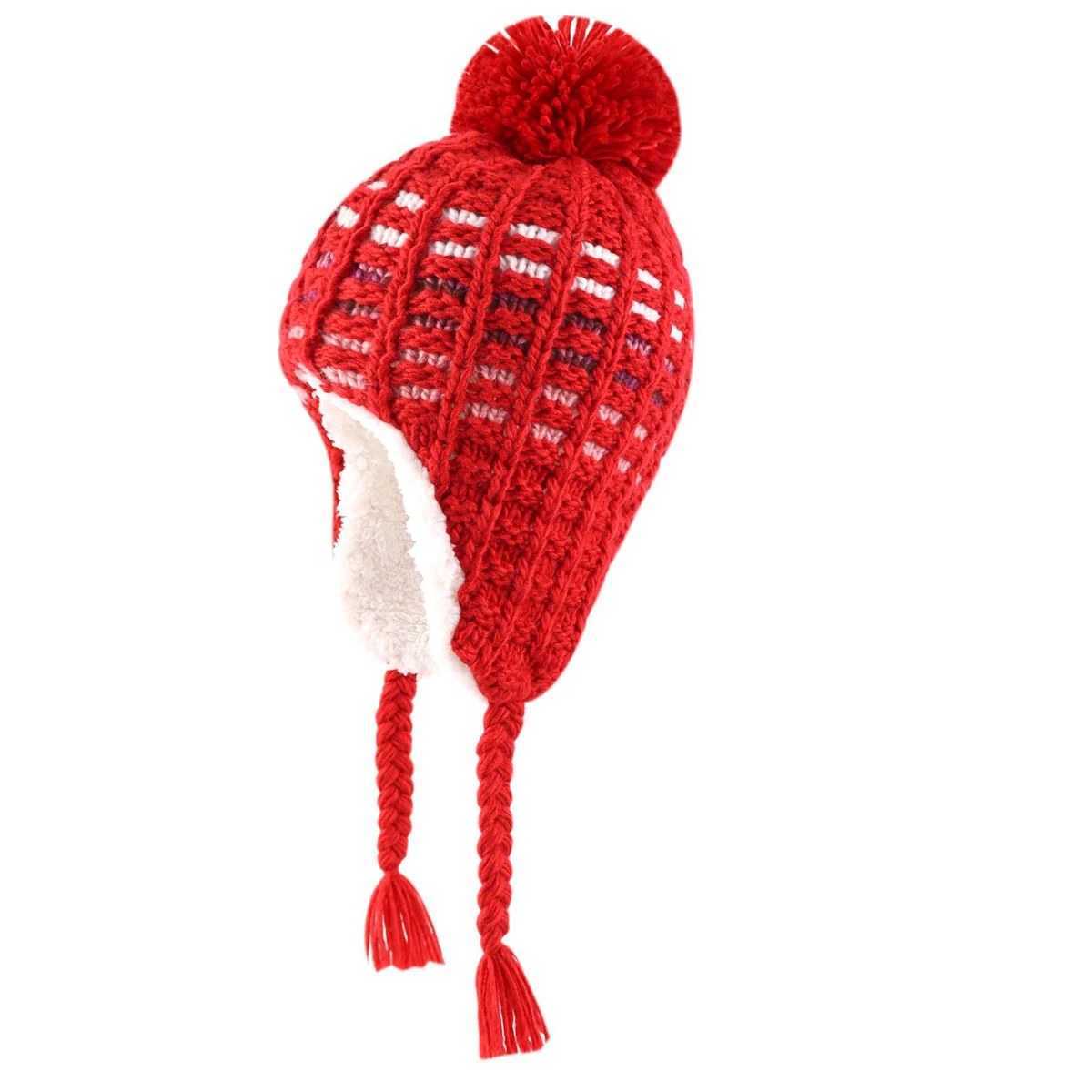 

Baby Knit Earflap Hats For Girls Boys Toddler Infant Crochet Grid Pompom Beanie Kids Winter Fleece Lined Braided Trapper Cap