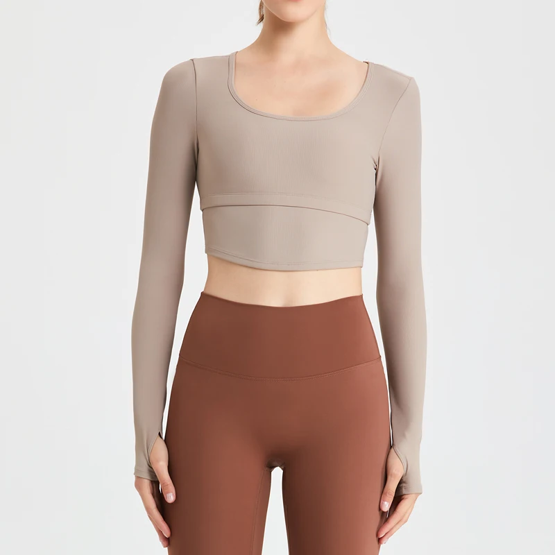 QINACTIVE Yoga suit with long sleeves chest pads new autumn winter tight fitting top T-shirt sport running training fitness suit
