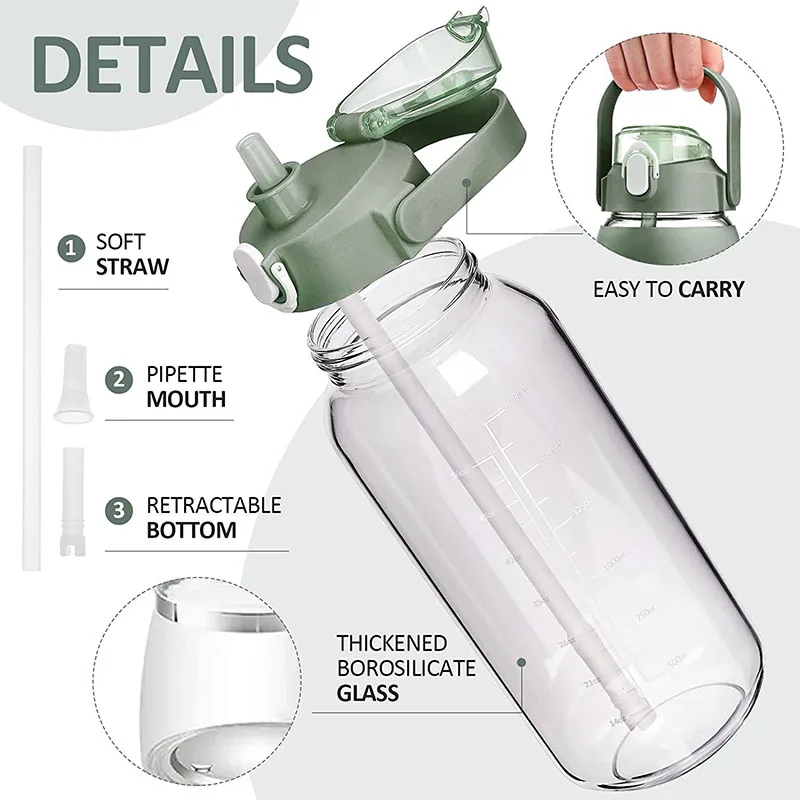Garrafa De Água De Vidro 1,8L - Hidratação Sem Plastico Com Marcador De Tempo