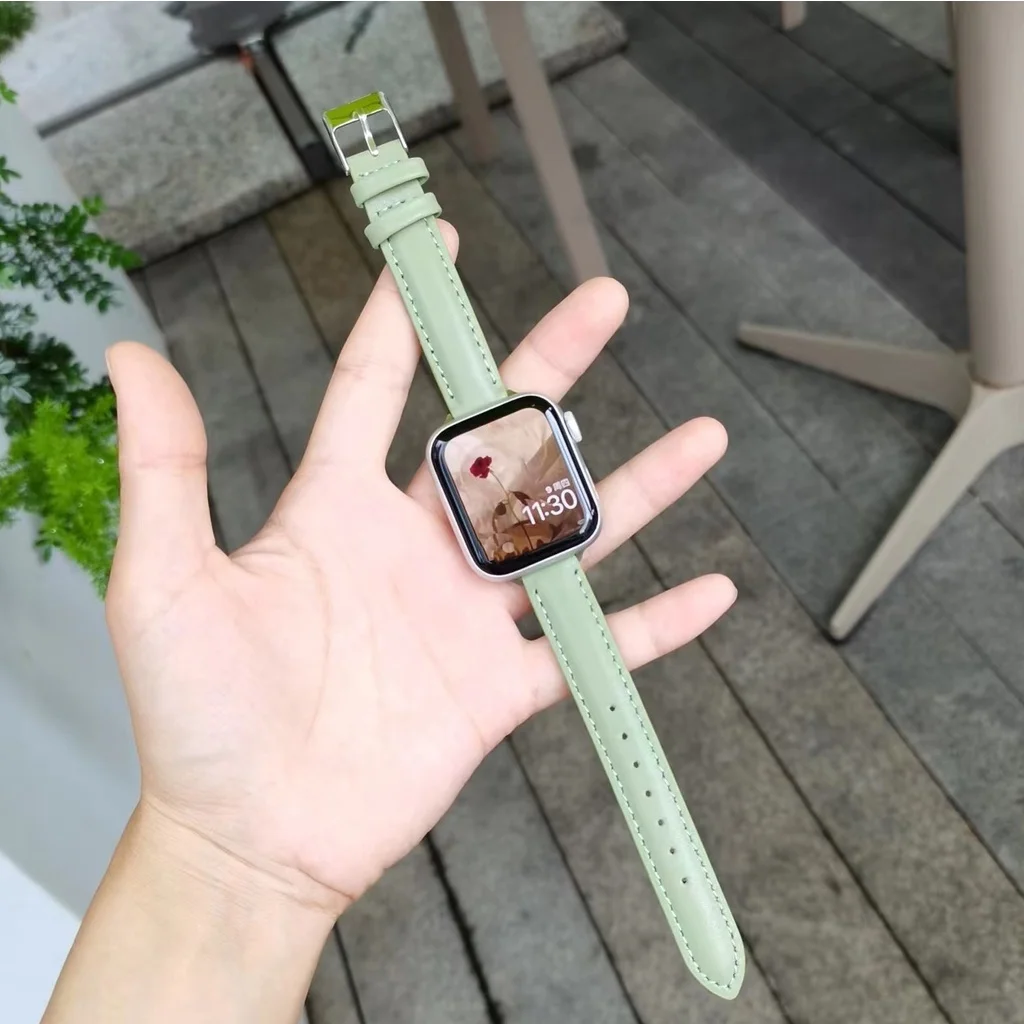 

Ремешок кожаный для Apple Watch Series 7 2 3 4 5 6 se, маленький кожаный браслет зеленого авокадо для iwatch 40 мм 44 мм 45 мм 41 мм