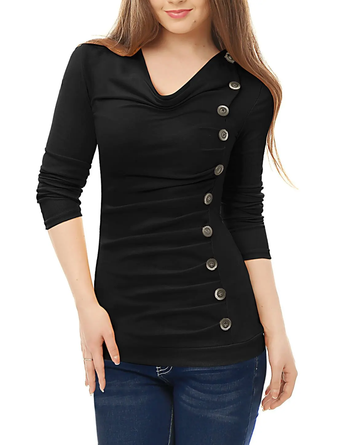 

long sleeved solid color cotton slim temperament commuter pleated slim-fit v-neck pullover t-shirt for women